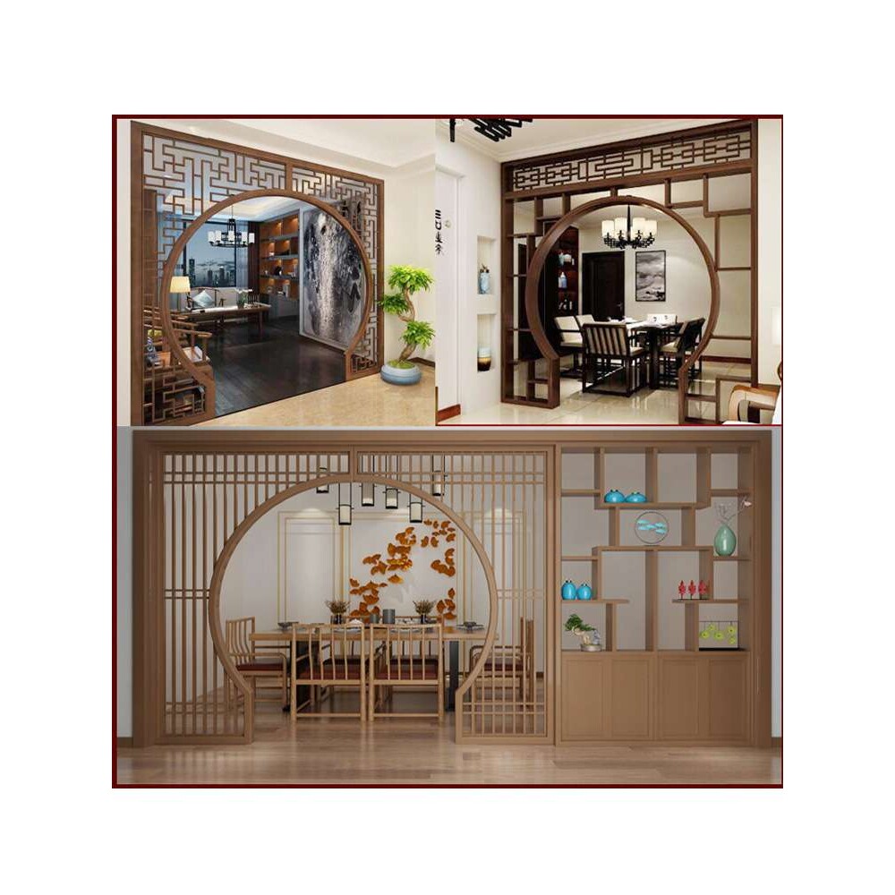 木雕仿古实木花格月洞门中式装修月亮门客厅屏风隔断圆拱门博古架