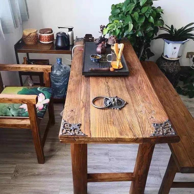 新中式家用风化老榆木桌面板茶桌 民宿复古风餐厅木质桌椅组合