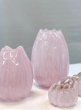 中古艺术复古粉色螺旋不规则玻璃花瓶摆件客厅透明插花水养装饰品