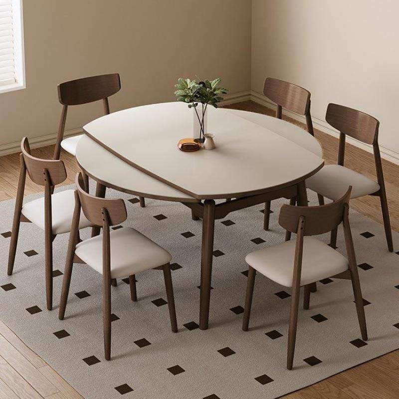 胡桃木色可伸缩折叠方圆两用实木岩板餐桌现代简约家用小户型圆桌