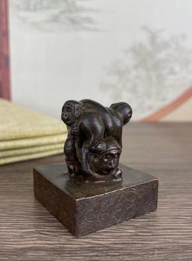 实心仿古镀铜古玩三猴印龟兔印龙凤印章铜印摆件家用书房桌面摆件