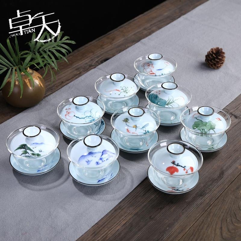 联纵手绘陶瓷盖碗三才碗耐热玻璃盖碗茶杯单个敬茶碗礼品功夫品茗