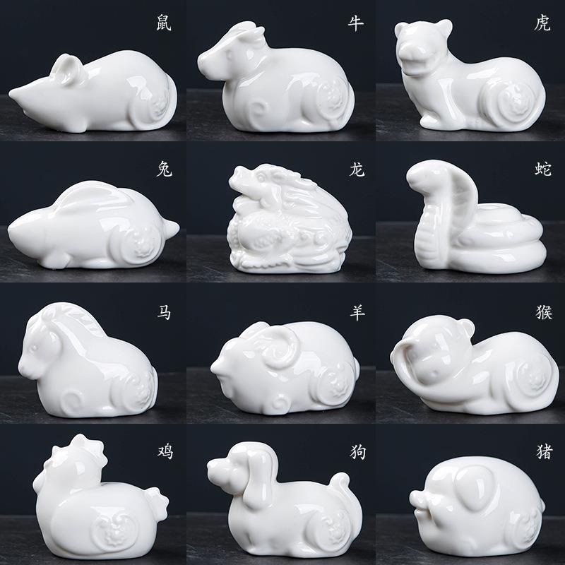 2F十二生肖陶瓷全套属相摆件白鼠牛虎兔龙蛇马羊猴鸡狗猪手工工艺