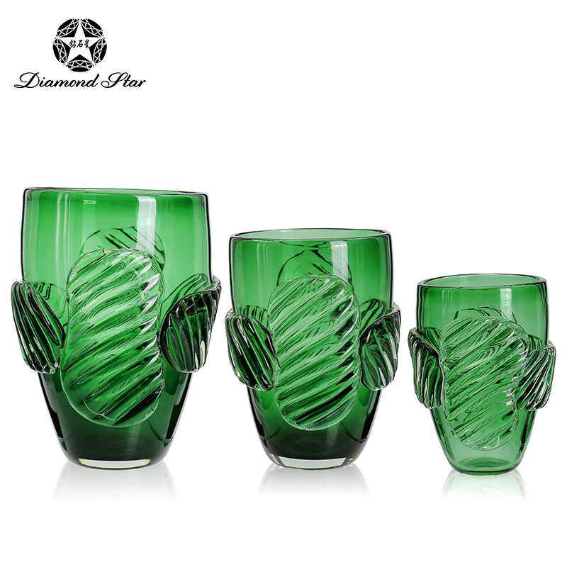钻石星绿色玻璃花瓶大口径热粘创意插花器 高级感软装花瓶花盆