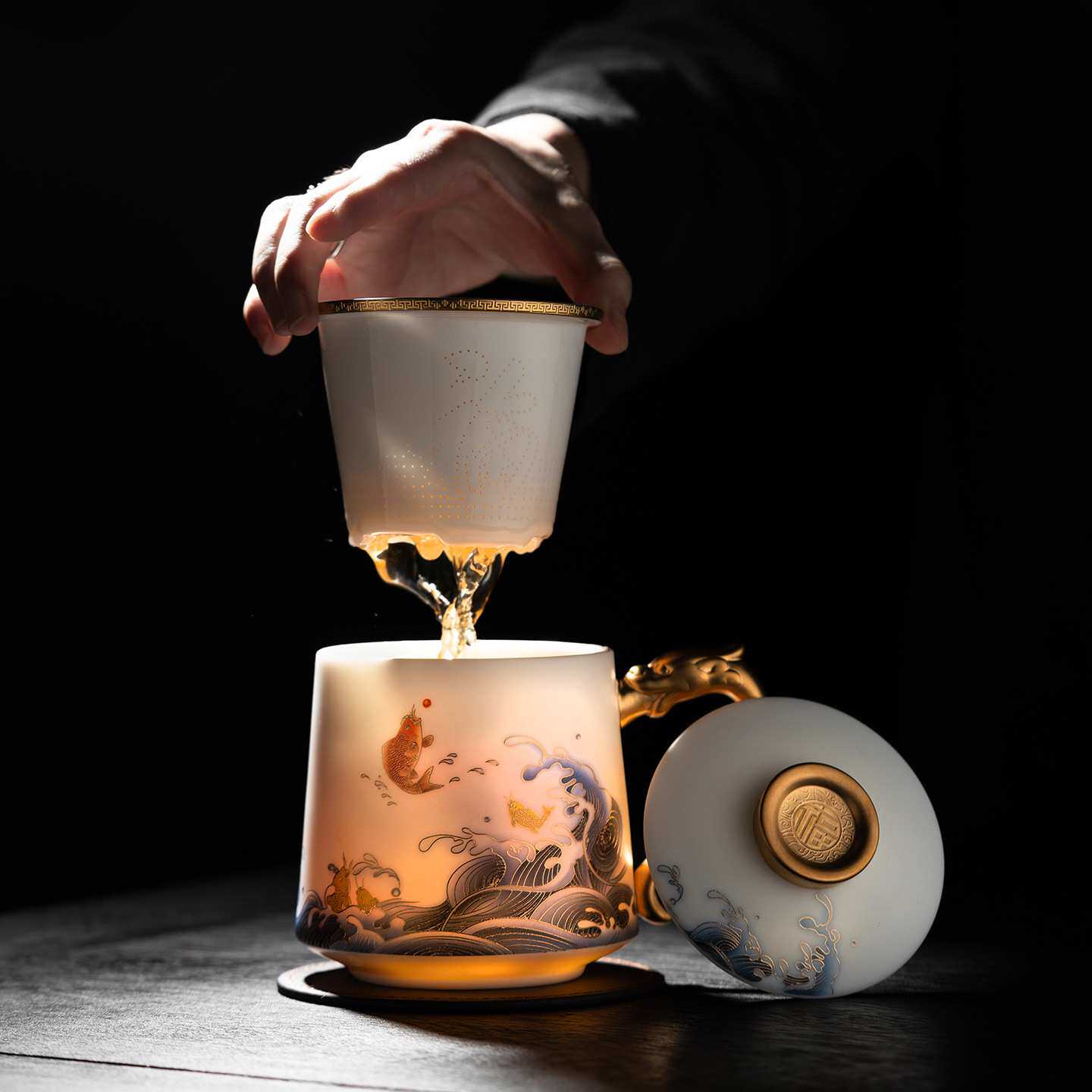 苏扬烨大师鱼跃龙门羊脂玉白瓷茶水分离泡茶杯描金过滤陶瓷礼盒装