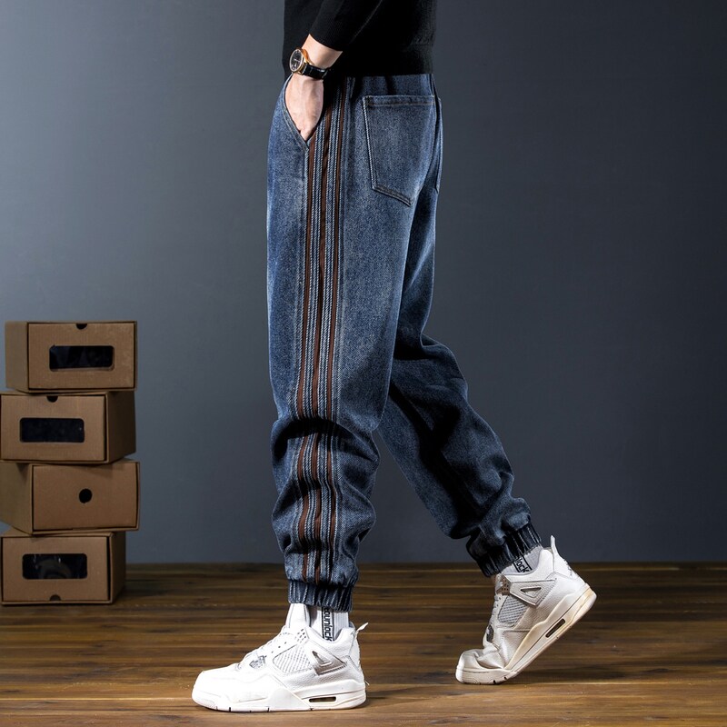 雷茨秋冬款重磅牛仔裤男宽松束脚哈伦裤子美式侧边条纹男士休闲裤
