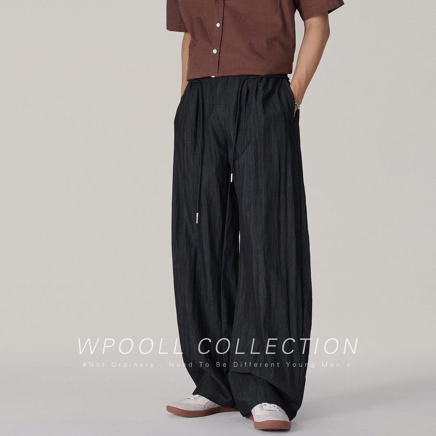 日系肌理感阔腿裤男夏季宽松抽绳弯刀休闲裤慵懒风黑色拖地山本裤