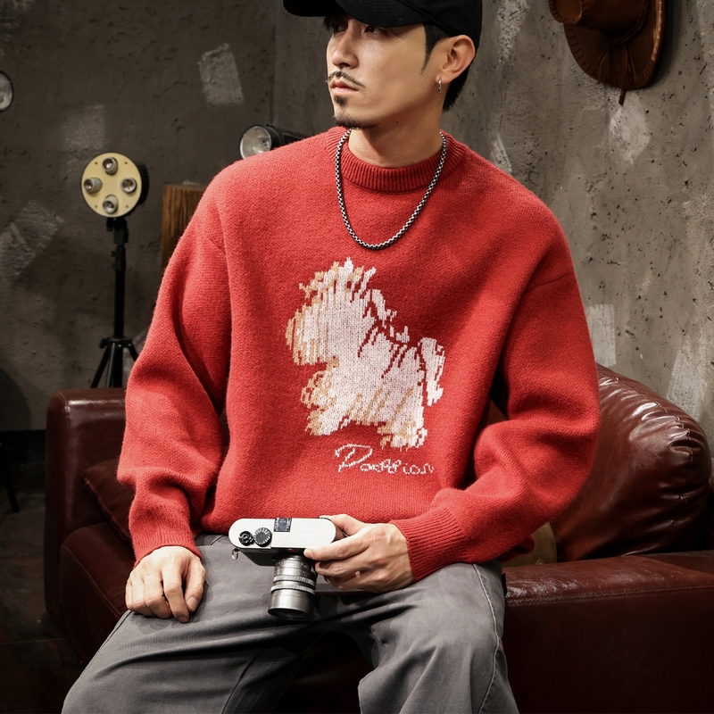 红色复古提花圆领毛衣男2025秋冬季新款毛线衣宽松大码打底针织衫