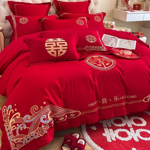 中式龙凤刺绣大红色婚庆四件套新婚陪嫁纯棉六件床单被套床上用品