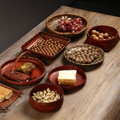 竹编果盘复古做旧茶点盘紫竹圆形竹编筐日式 坚果叠干果盘茶道收纳