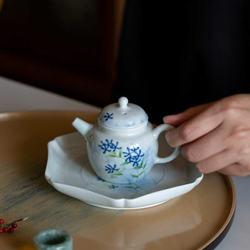 手绘蓝风铃茶壶家用中式球孔过滤泡茶壶不烫手陶瓷功夫茶具手抓壶