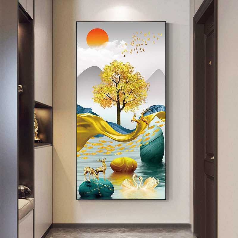 玄关画高级感过道画酒店工装走廊金鹿九鱼壁画样板间新中式装饰画