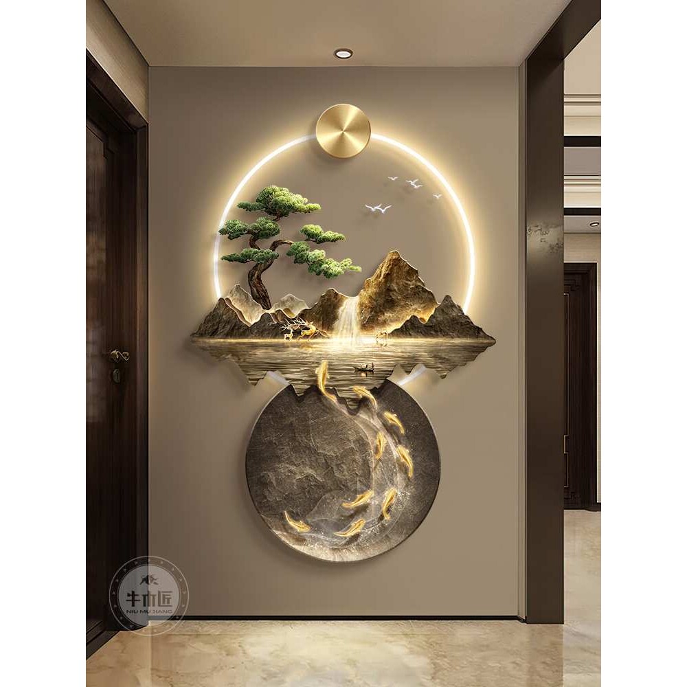 挂画正对门流水壁画中式玄关装饰入户过大气画走廊生财新山水灯道
