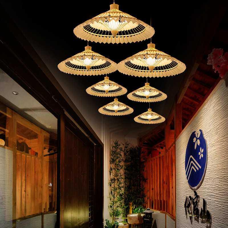 东南亚竹编伞形吊灯火锅店民宿茶室茶楼饭店酒店艺术灯简约餐厅灯
