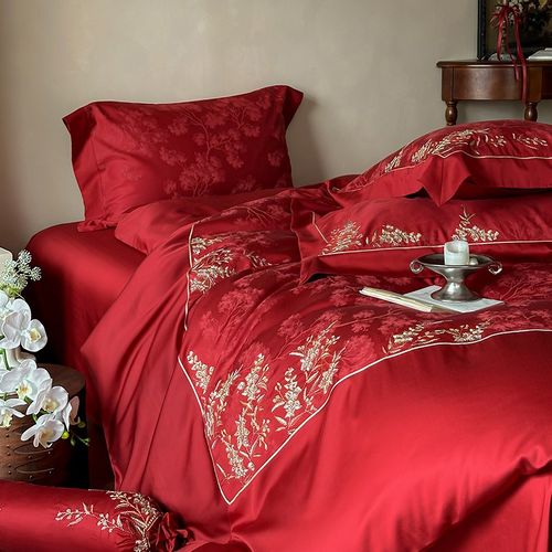 2025婚庆100s全棉长绒棉四件套提花 纯棉床单中式大红色喜被新婚