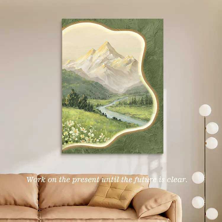 日照金山玄关装饰画砂岩肌理山水风景客厅背景墙挂画高级感壁灯画