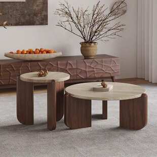 侘寂风实木洞石茶几极简小茶台小户型客厅家用圆形阳台大理石矮桌