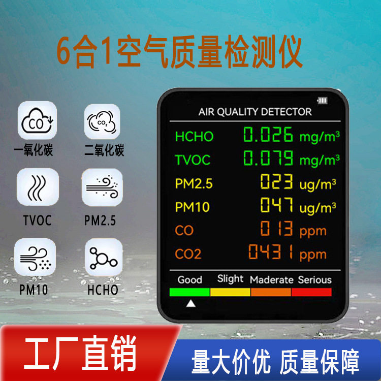 六合一空气质量检测仪甲醛PM2.5TVOC二氧化碳温度湿度气体检测仪