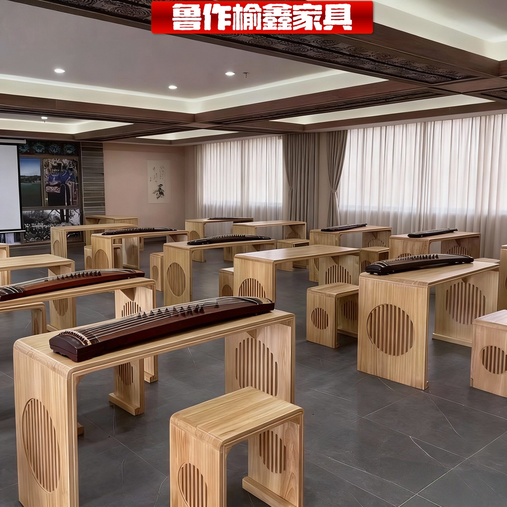 新中式老榆木古琴桌书法桌子国学桌实木学生培训班课桌椅围棋桌图片