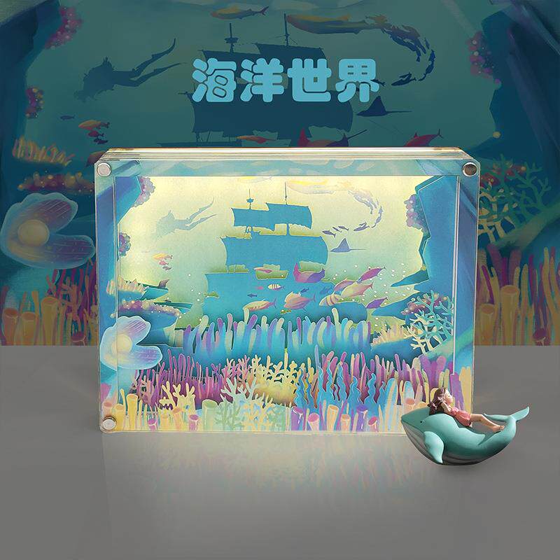 新款光影纸雕灯立体3d海洋世界镂空纸雕工艺品夜灯摆件装饰水晶框