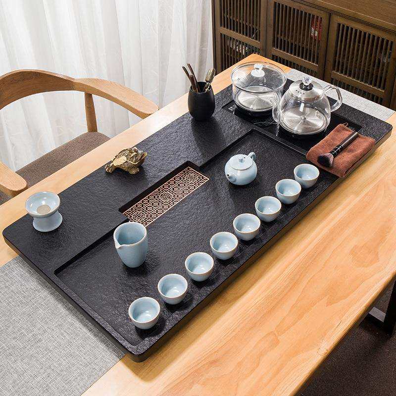 整块乌金石茶盘套装全自动上水茶台烧水壶一体电磁炉家用茶海刻字