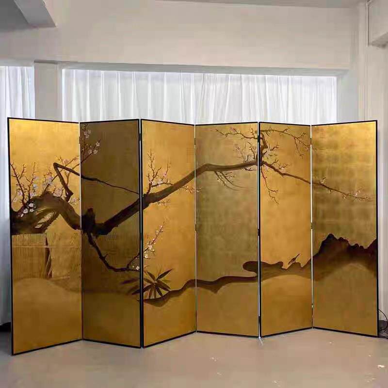 金箔屏风手绘抽象图新中式客厅玄关办公室茶室背景隔断可移动折屏
