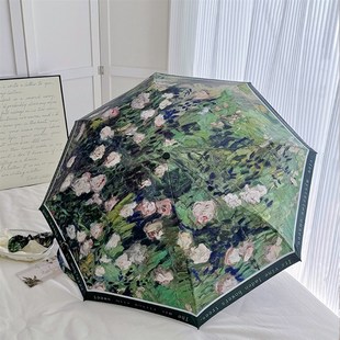 莫奈绿色接边高级感油画玫瑰全自动折叠黑胶伞便携式 防晒伞太阳伞