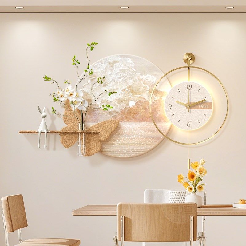 原木奶油风餐厅装饰画海浪肌理钟表挂钟客厅2025新款餐桌时钟挂画,家居饰品,现代装饰画,淘宝优惠券,粉丝福利购,淘宝优惠卷