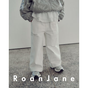 韩国RoanJane童装儿童休闲裤宽松女童阔腿裤男童白色直筒长裤
