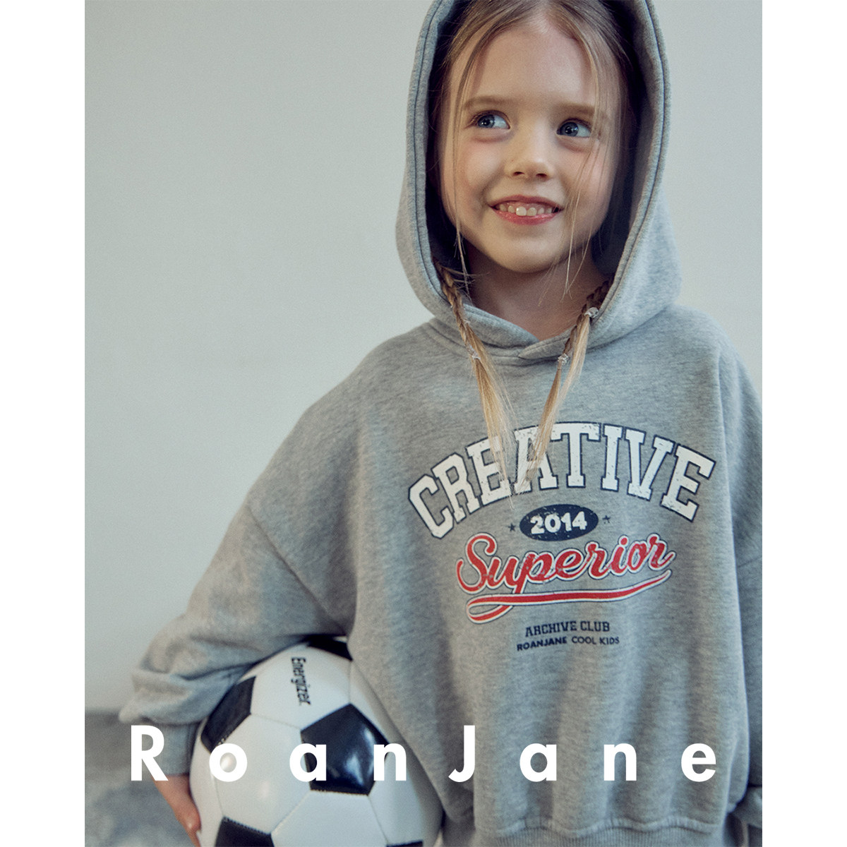 RoanJane韩国童装学院风字母印花男童连帽卫衣女童灰色儿童上衣春