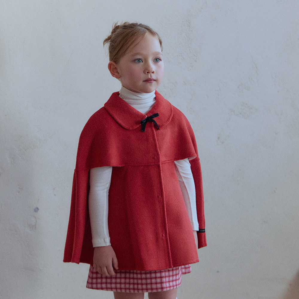 韩国RoanJane童装女童红色娃娃领斗篷羊毛外套蝴蝶结儿童披风年服