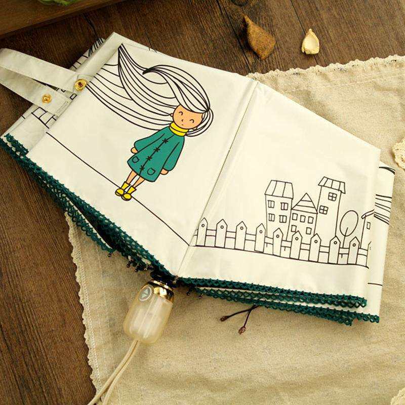 OLYCAT长发女孩全自动三折叠晴雨伞黑胶防晒遮阳防紫外线太阳伞女