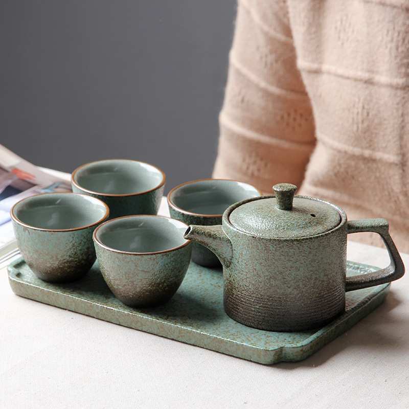 德玉堂日式粗陶功夫茶具套装家用复古陶瓷便携茶壶干泡盘一壶四杯