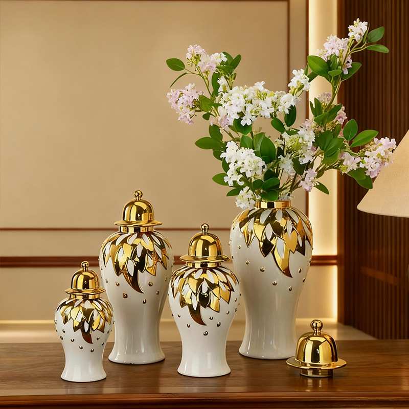 轻奢电镀金色陶瓷将军瓶客厅餐桌样板房插花饰品摆件玄关家居装饰