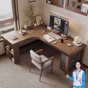 转角书桌实木电脑桌书架组合卧室拐角学习桌L型书房办公写字桌