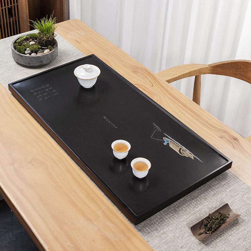 天然乌金石茶盘整块黑金石影雕家用办公排水简约轻奢茶海干泡托盘