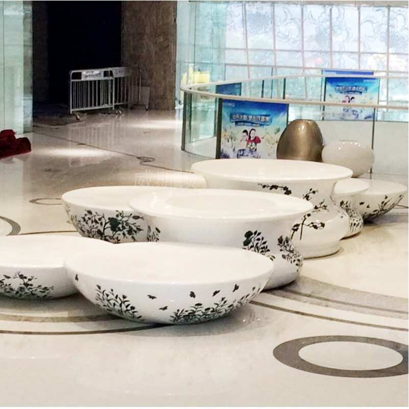 创意古典中国艺术风玻璃钢青花瓷座椅花盆组合商场大型落地美陈