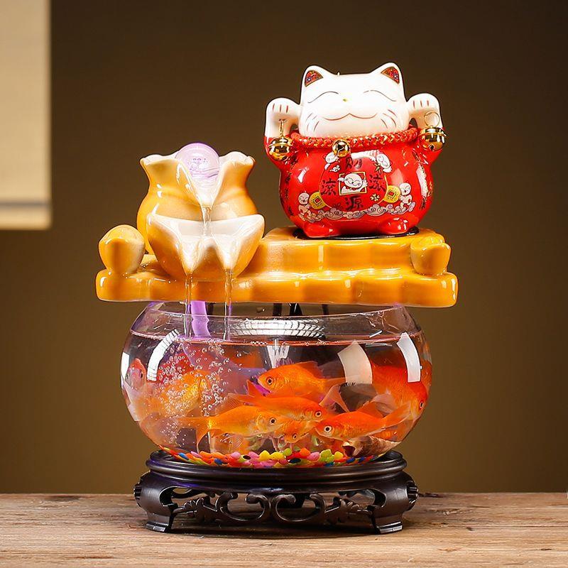猫创意流水摆件自动循环水鱼缸增氧过滤家用商用桌面前台玄关