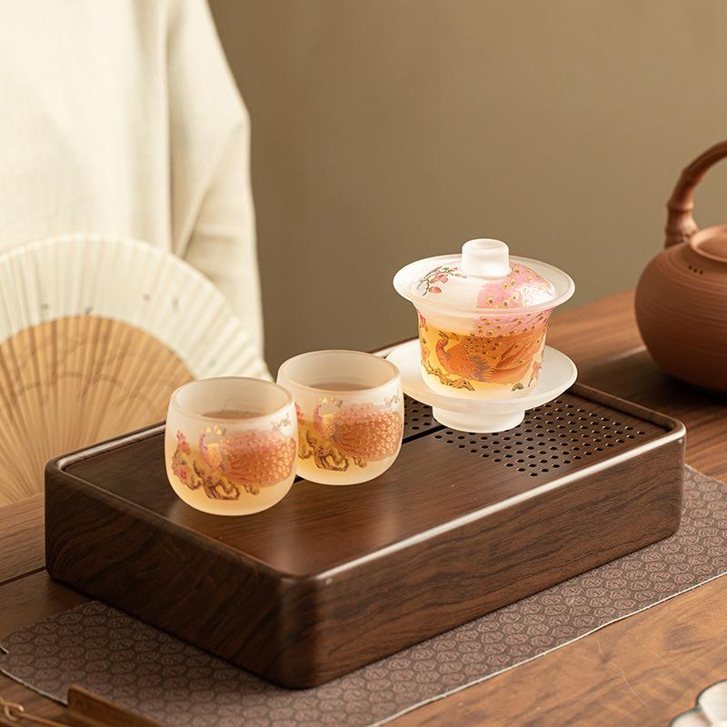 国风磨砂琉璃玻璃孔雀盖碗茶杯蓄水茶盘功夫茶具套装居家下午茶
