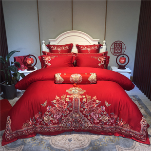 婚嫁刺绣新中式 绣花全棉婚庆结婚四件套红色新婚被套婚房床上用品