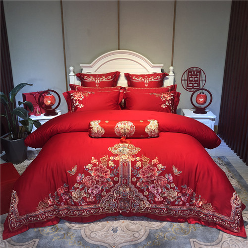 婚嫁刺绣新中式绣花全棉婚庆结婚四件套红色新婚被套婚房床上用品