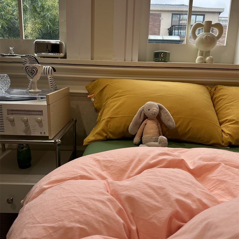 日式简约黄色纽扣枕套粉色被套绿色床单床上色织水洗四件套全纯棉