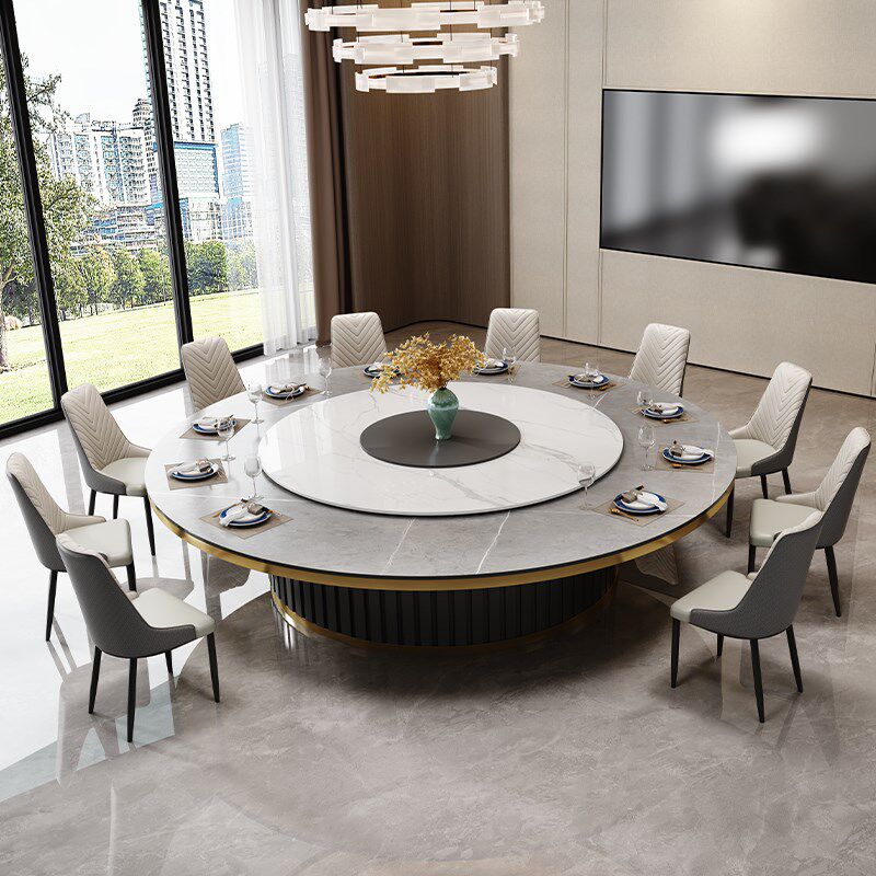 高档酒店电动餐桌大圆桌20人胡桃木色岩板转盘饭店包厢2米3米桌椅