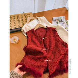 小耳出品雪里梅红~萣制卷草纹/夹棉加厚/下摆毛边宽松马甲上衣女