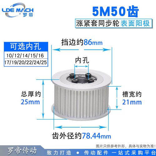 涨紧套同步轮5M50齿5M50T同步皮带轮 槽宽21 内孔10-25铝合金带轮