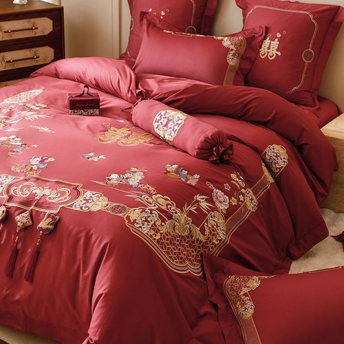 新中式风婚庆100S长绒棉纯棉四件套百子迎喜刺绣被套结婚床上用品