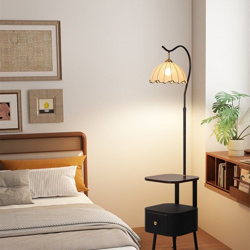 落地灯实木床头柜一体中古风卧室高级感客厅沙发旁边氛围边几台灯