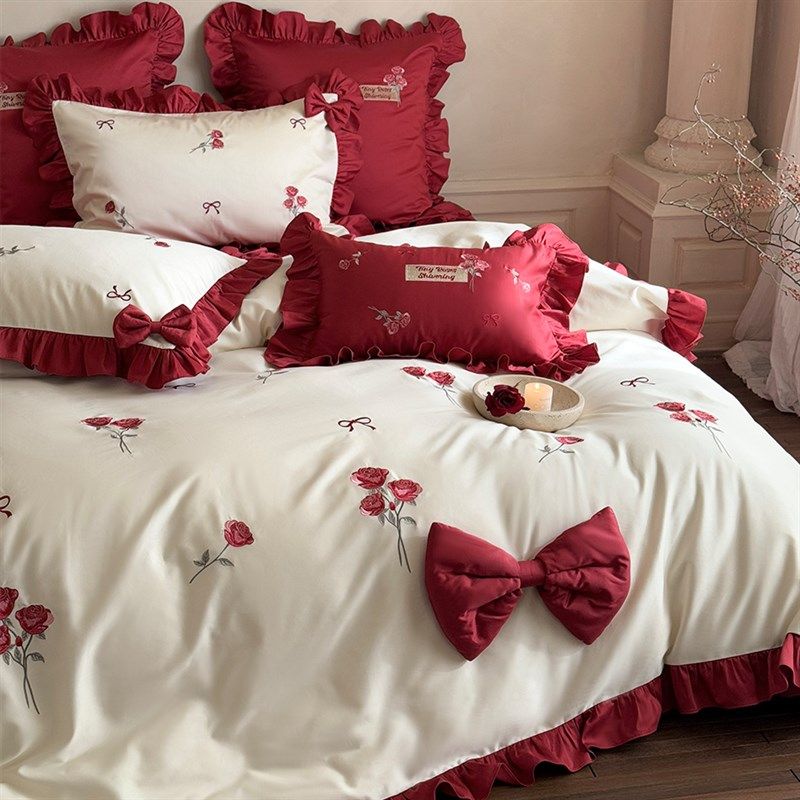 法式花边被套结婚四件套全棉玫瑰刺绣蝴蝶结婚庆床单1.8床上用品