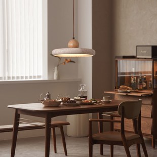 实木黄洞石个性创意圆形飞碟餐厅吊灯侘寂风led吧台茶室饭桌灯