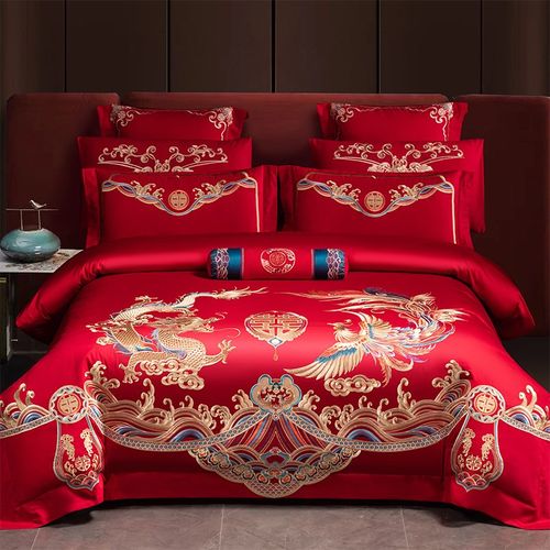 140支婚庆四件套全棉刺绣大红色婚房龙凤结婚高档新婚房床上用品4